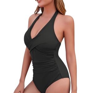 NEW Cocopear Black One Piece Swimsuit Halter Tie Side Ruching Size XL